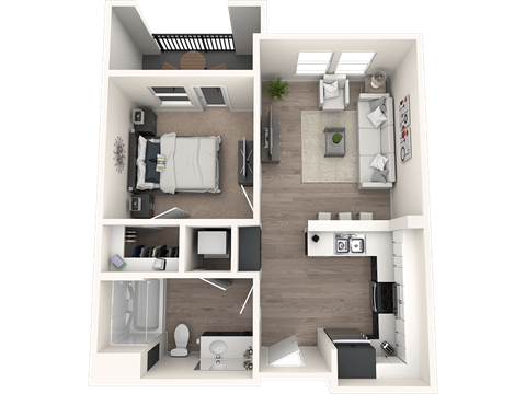 A 3D floor plan of a small apartment with a bedroom, living room, kitchen, and bathroom.